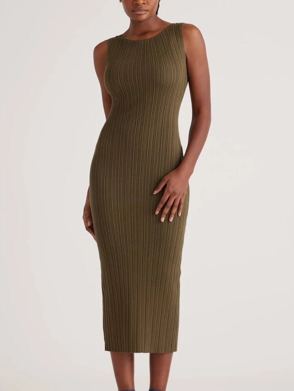 Quince Women's Cotton Cashmere Ribbed Sleeveless Midi Dress - Olive Medium